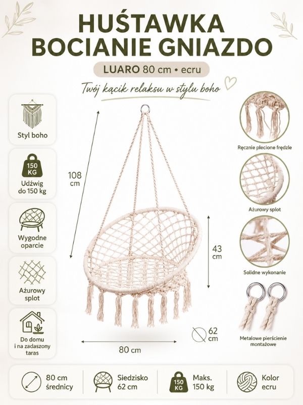 Huśtawka LUARO Bocianie Gniazdo 80cm ecru – Fotel wiszący boho | Maksymalne obciążenie 150 kg | Model 2026 - obrazek 6