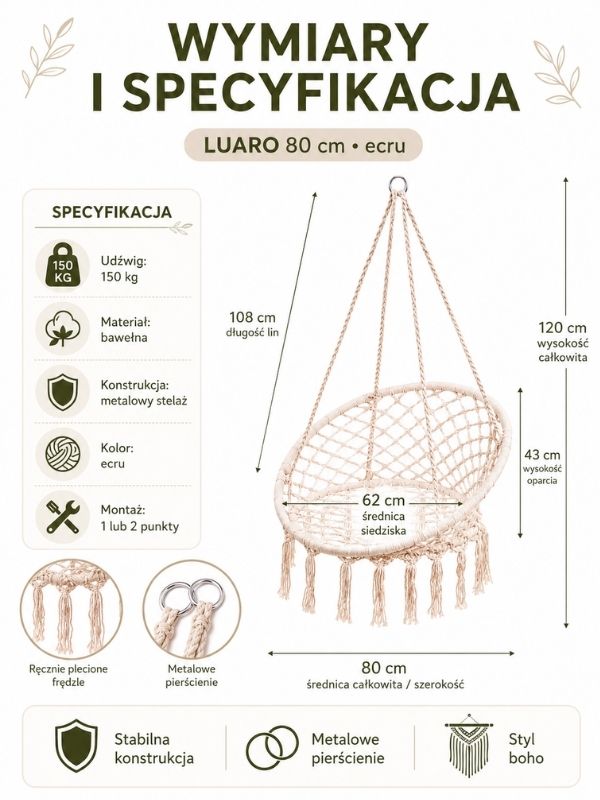 Huśtawka LUARO Bocianie Gniazdo 80cm ecru