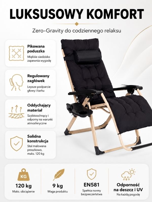 Leżak ogrodowy MultiGarden Zero-Gravity czarny ze złotą ramą – Luksusowy relaks | Pikowana poduszka | Model 2026 - obrazek 5
