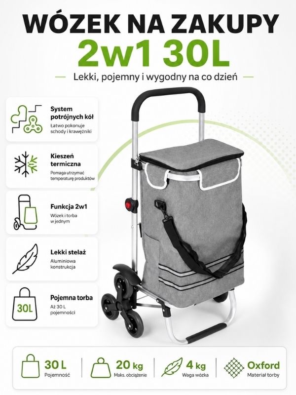 Wózek na zakupy ModernHome 2w1 30L – System potrójnych kół | Kieszeń termiczna | Aluminiowy stelaż 2026 - obrazek 7