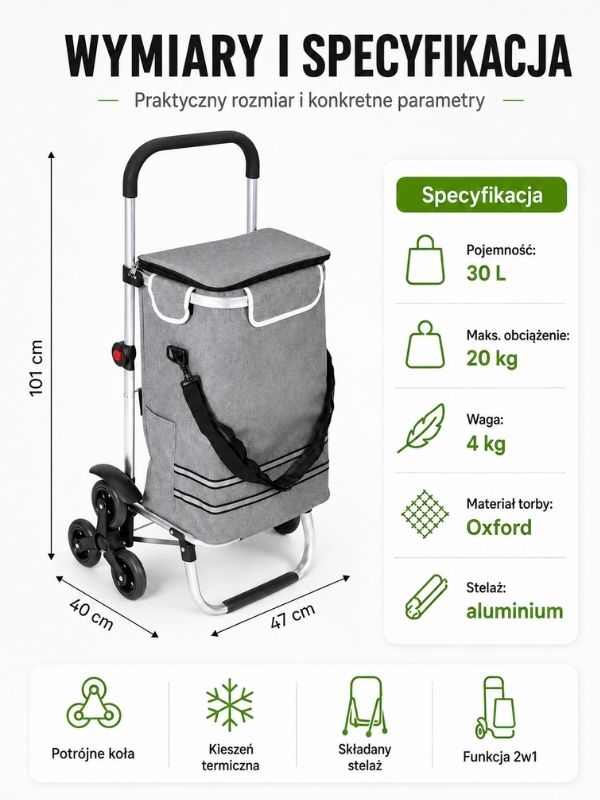 Wózek na zakupy ModernHome 2w1 30L – System potrójnych kół | Kieszeń termiczna | Aluminiowy stelaż 2026 - obrazek 6