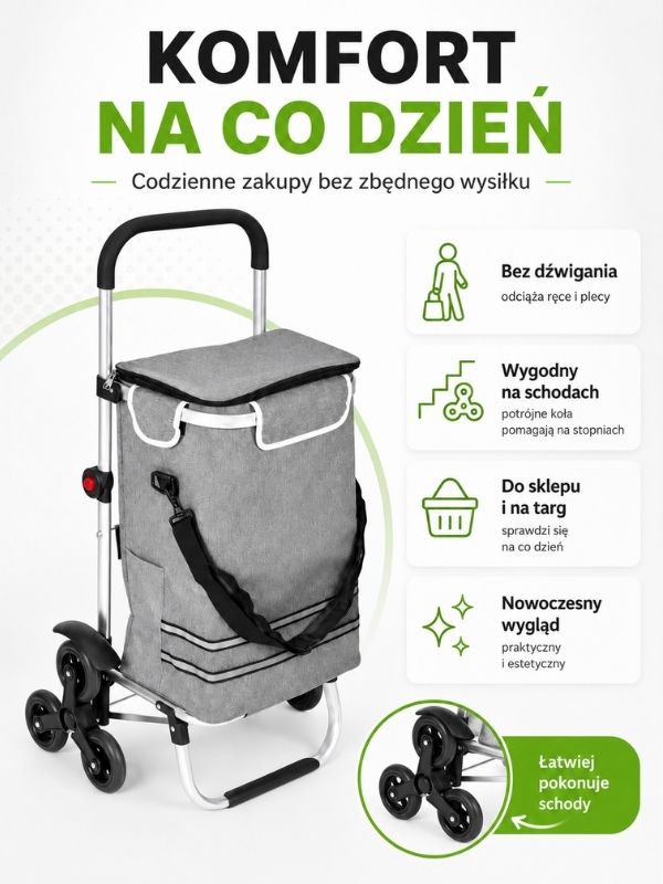 Wózek na zakupy ModernHome 2w1 30L – System potrójnych kół | Kieszeń termiczna | Aluminiowy stelaż 2026 - obrazek 4