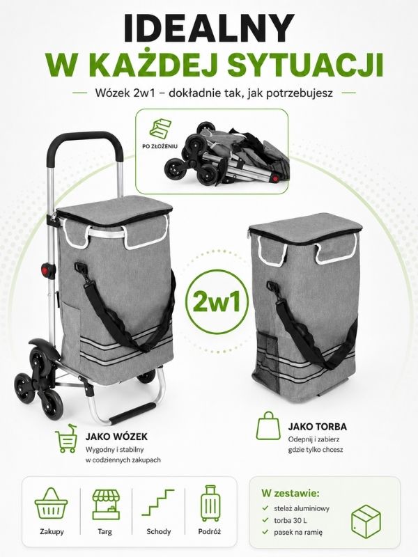 Wózek na zakupy ModernHome 2w1 30L – System potrójnych kół | Kieszeń termiczna | Aluminiowy stelaż 2026 - obrazek 3