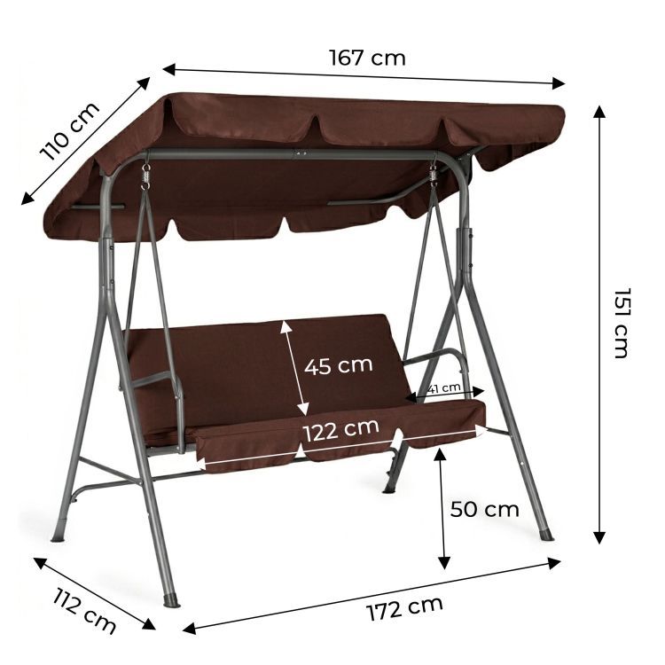 Huśtawka ogrodowa MultiGarden 3-osobowa Brązowa | Stalowa konstrukcja | Tkanina Oxford 600D | 260 kg - obrazek 10
