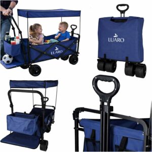 Wózek transportowy Luaro 120L – Terenowe koła Tank Wheel | Daszek UV | Składany | Granatowy