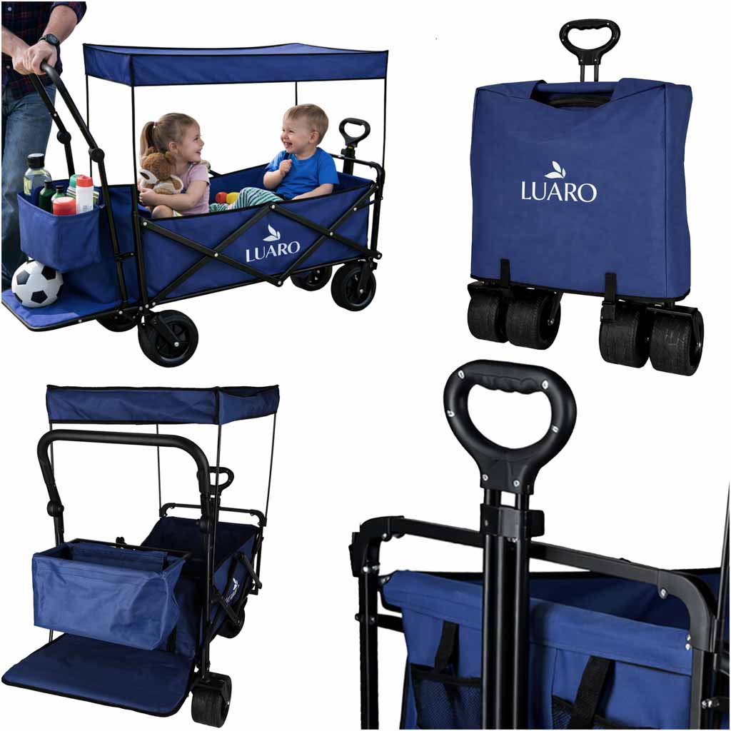 Wózek transportowy Luaro 120L – Terenowe koła Tank Wheel | Daszek UV | Składany | Granatowy