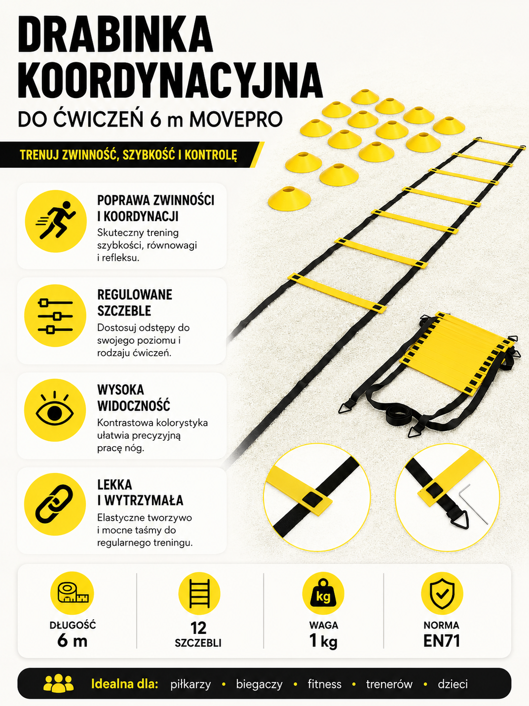 Drabinka koordynacyjna do ćwiczeń 6m MOVEPRO – Zestaw piłkarski | Regulowane szczeble | Model 2026 - obrazek 2