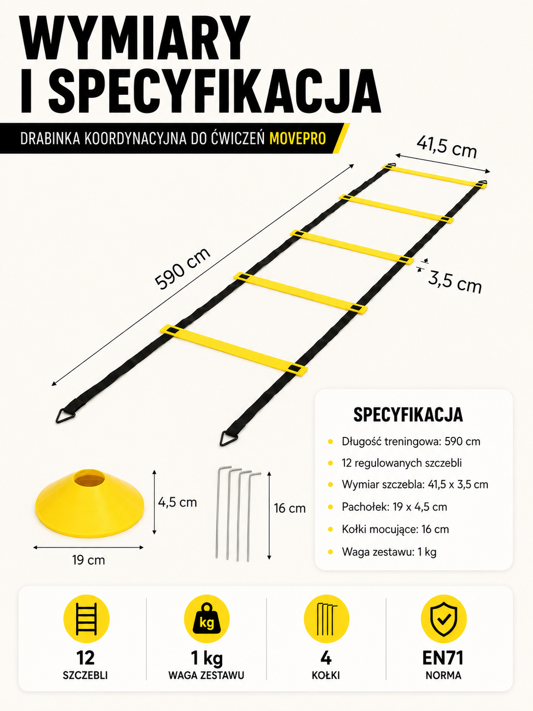 Drabinka koordynacyjna do ćwiczeń 6m MOVEPRO – Zestaw piłkarski | Regulowane szczeble | Model 2026 - obrazek 3
